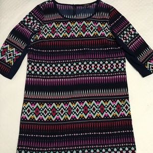 Colorful print and navy blue dress